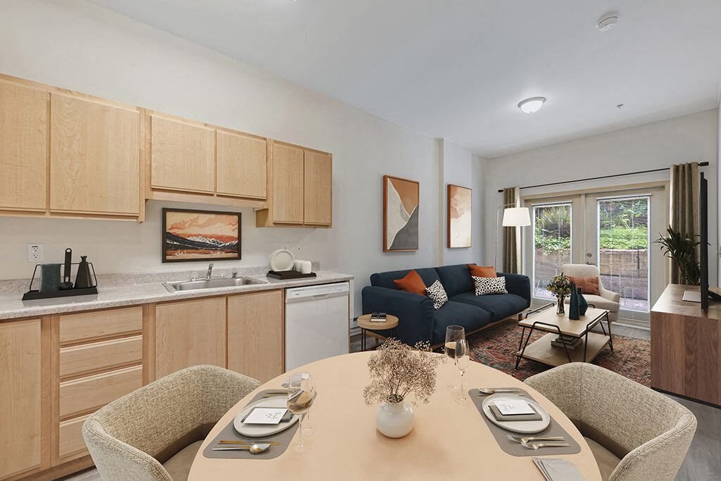 Digitally Staged Dining Area and kitchen at Cedar Park Apartments in Seattle WA